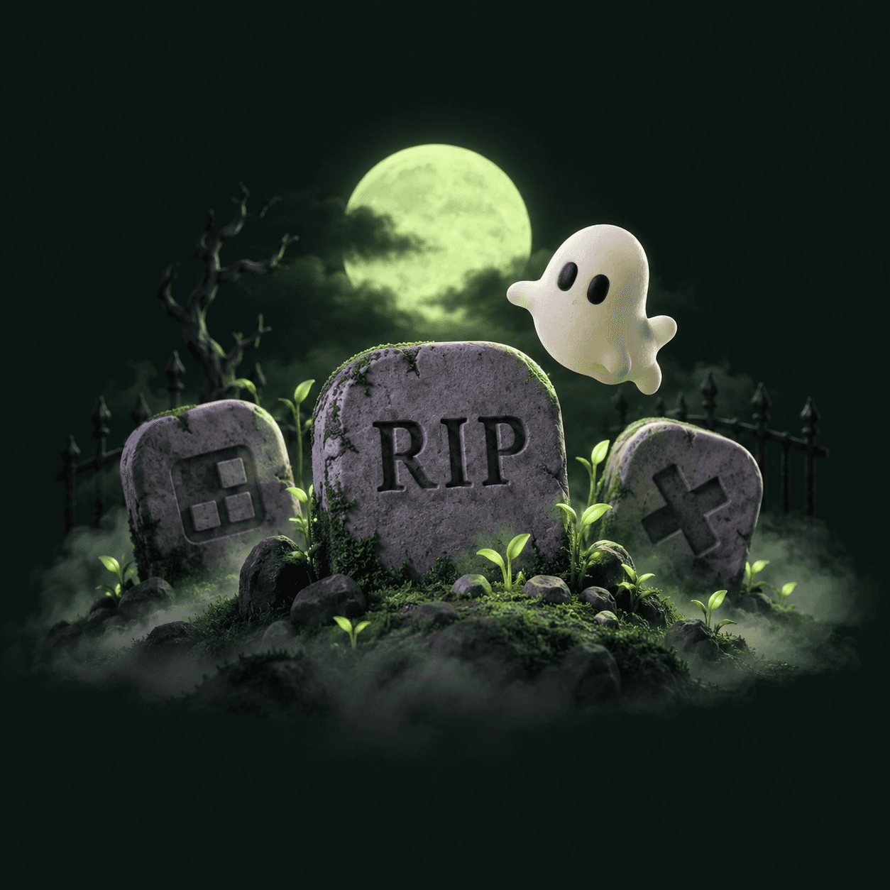 A friendly ghost floats over app-shaped gravestones in a moonlit miniature graveyard.